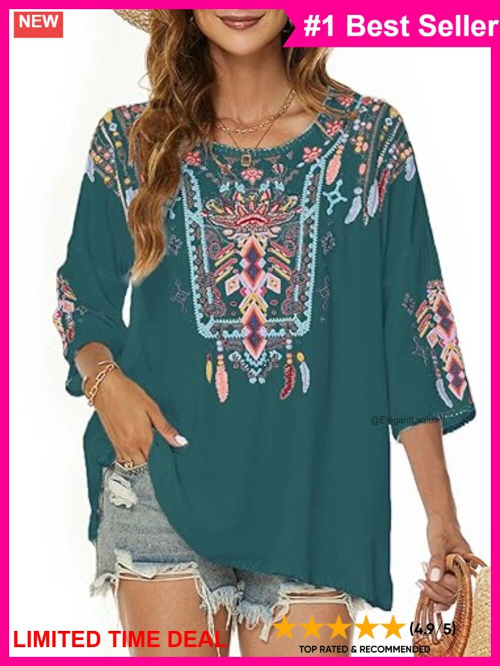 Boho Mexican Embroidered Peasant Tunic Top 3/4 Sleeve Rayon